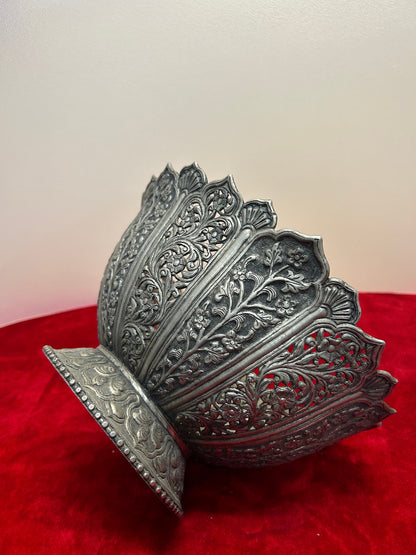 Vintage white brass made floral bowl with filigri work unique ritual flower bowl