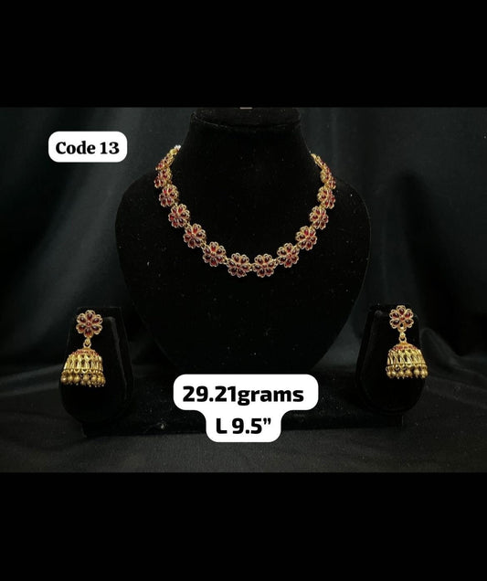 Panchaloha made gold polished traditional red stone necklace with jhumkas