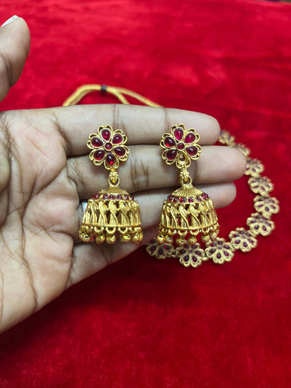 Panchaloha made gold polished traditional red stone necklace with jhumkas