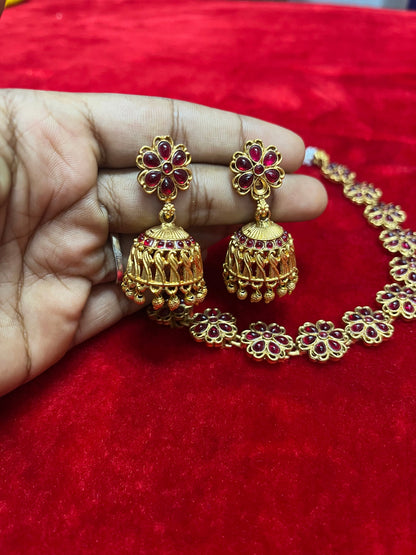 Panchaloha made gold polished traditional red stone necklace with jhumkas