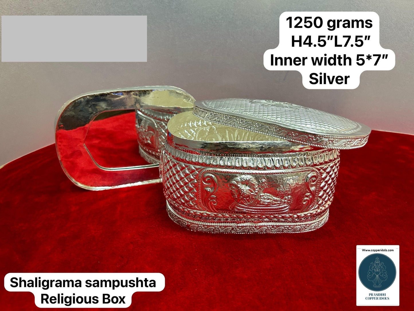 Silver handcrafted Shaligrama box made to order custom made with nama mirror and fine floral art work