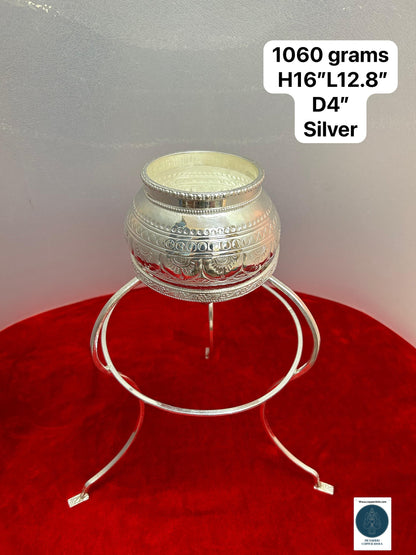 Silver handcrafted Dhara patra with stand for shiva linga abhisheka